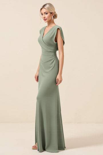 Chiffon V-Neck Long Eucalyptus Bridesmaid Dress With Slit
